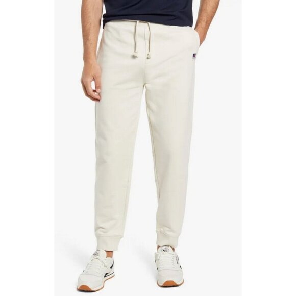 Russell Athletic Mens Cream Fleece Joggers With Ribbed Waistband & Drawstring Si - Picture 1 of 6